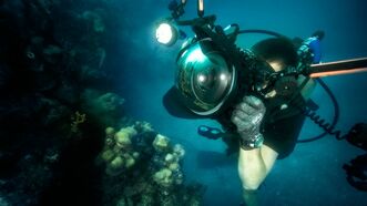 Diver with underwater photography equipment uder water